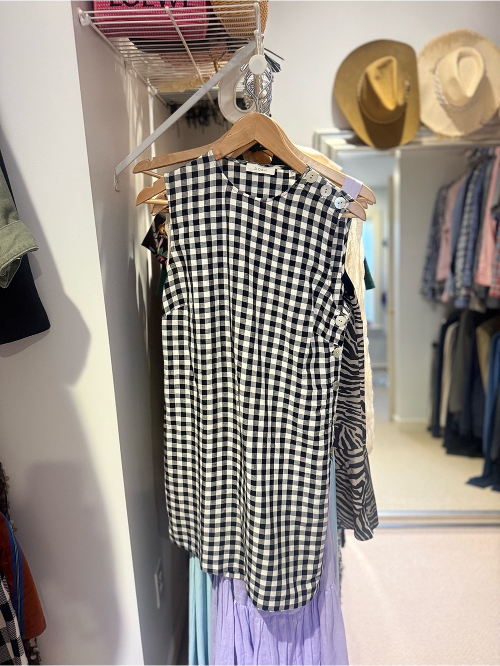 Doen Black and White Gingham Sleeveless Mini Dress with Button Details